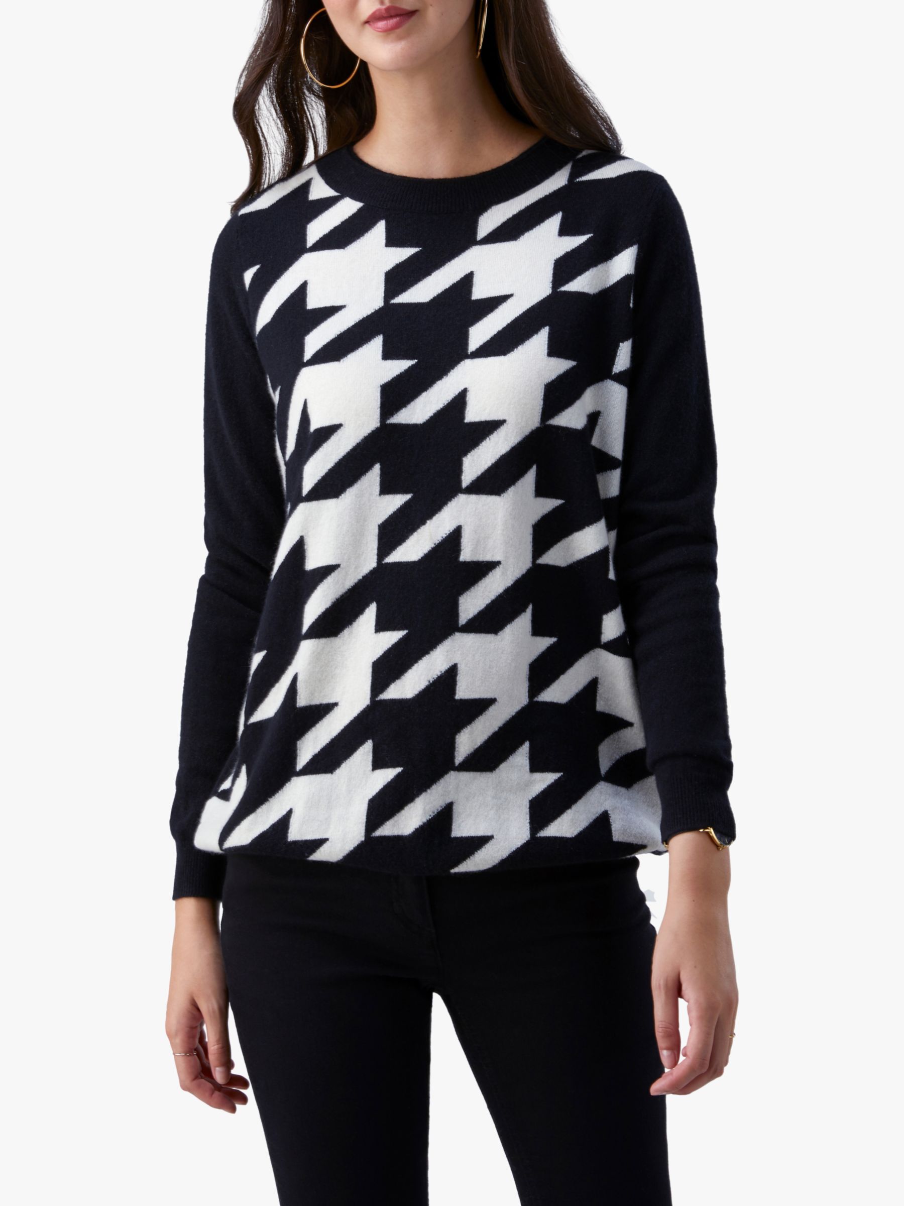 Pure Collection Cashmere Dogtooth Boyfriend Sweater, Black/White