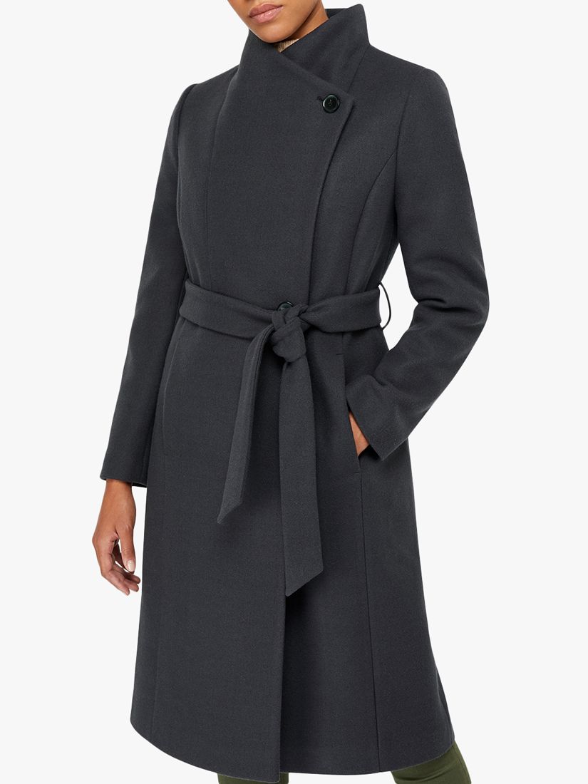 Monsoon Rita Wrap Collar Long Coat, Charcoal at John Lewis & Partners