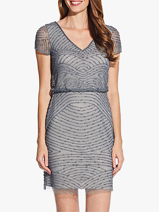 Adrianna Papell Blouson Beaded Dress, Pewter/Silver