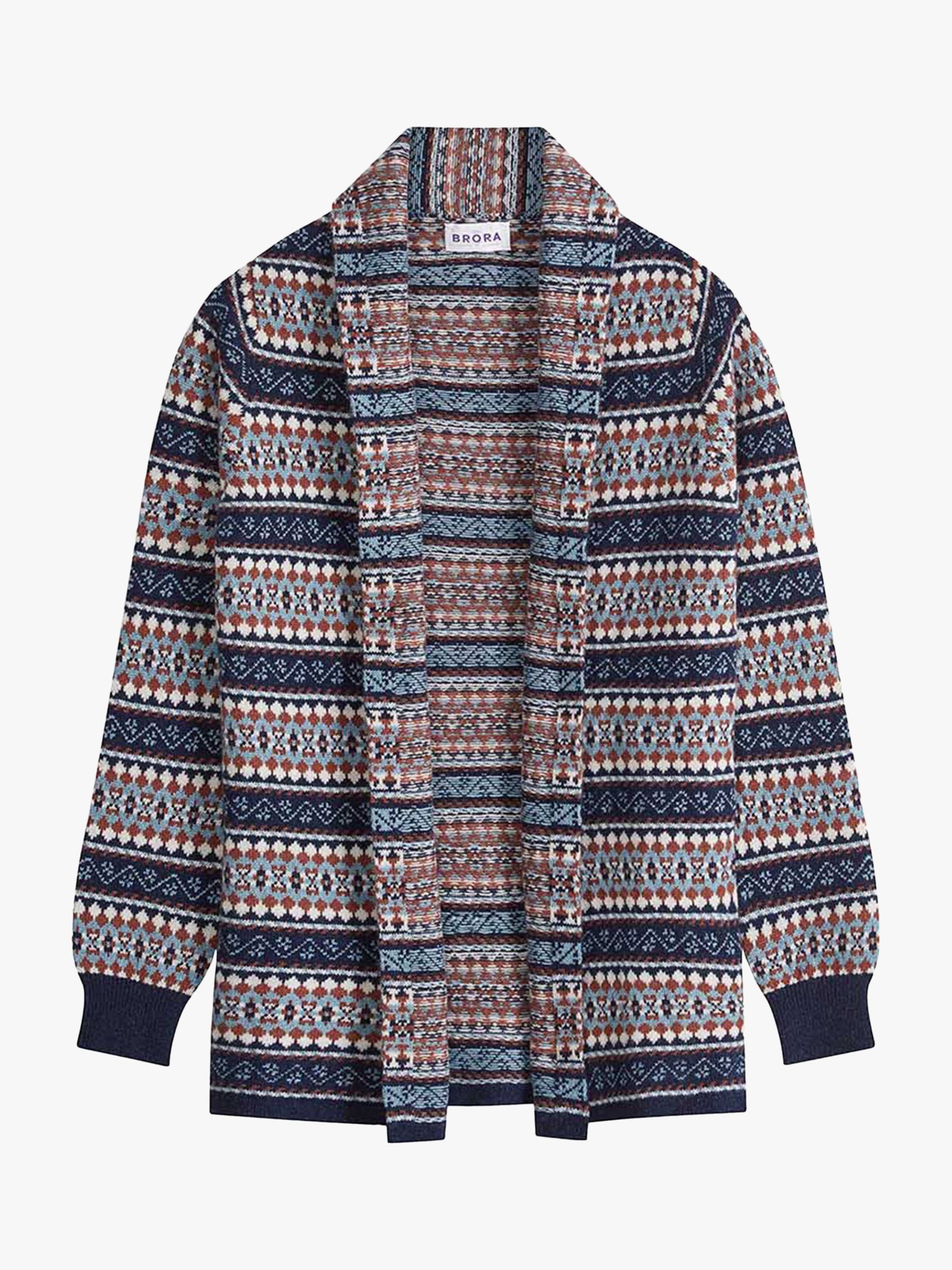 Brora Cashmere Fair Isle Cardigan, French Navy