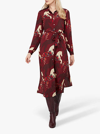 Monsoon Holly Horse Print Midi Shirt Dress, Berry/Multi