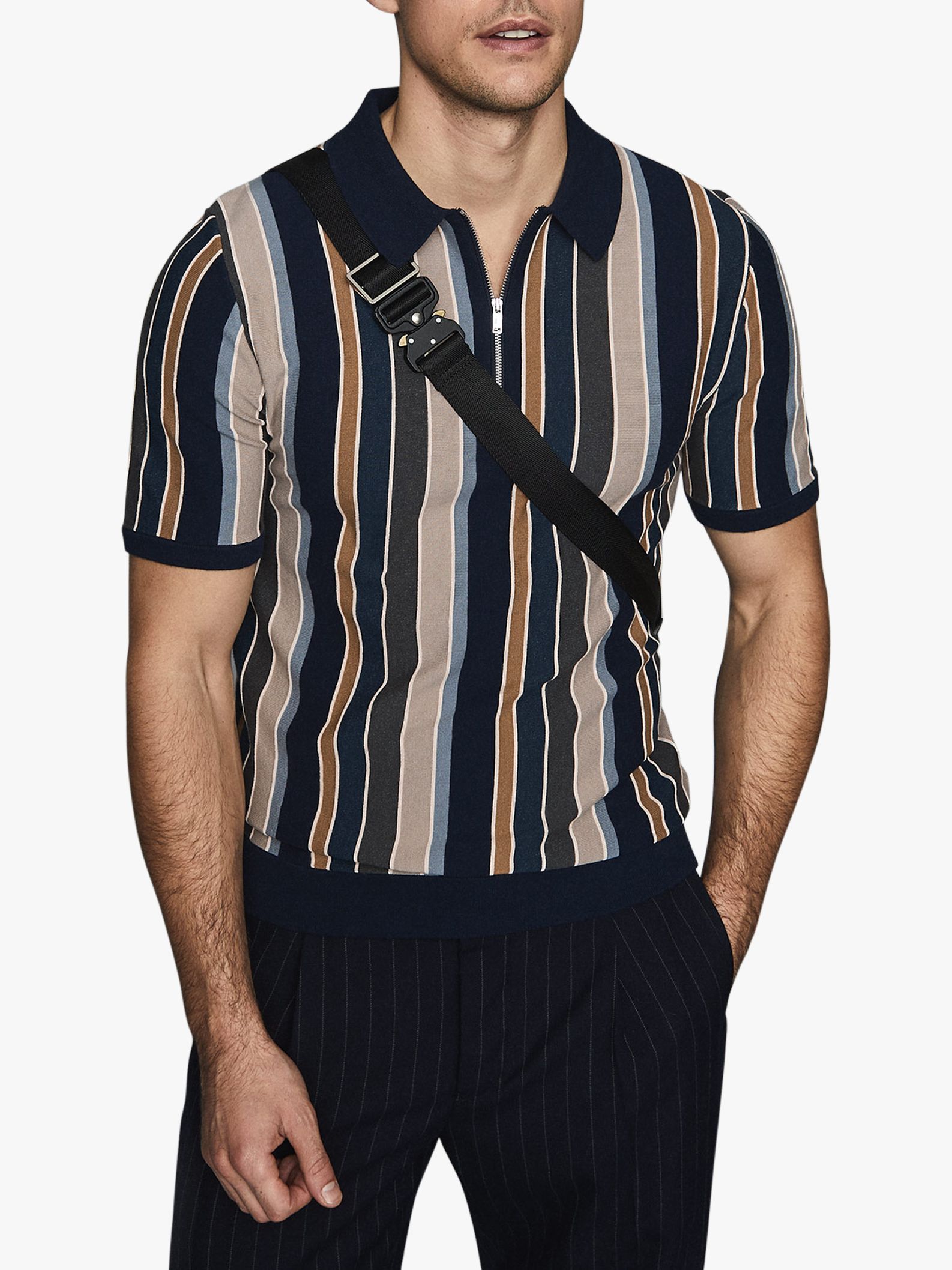 Reiss Princeton Stripe Zip Neck Polo Shirt, Blue at John Lewis & Partners