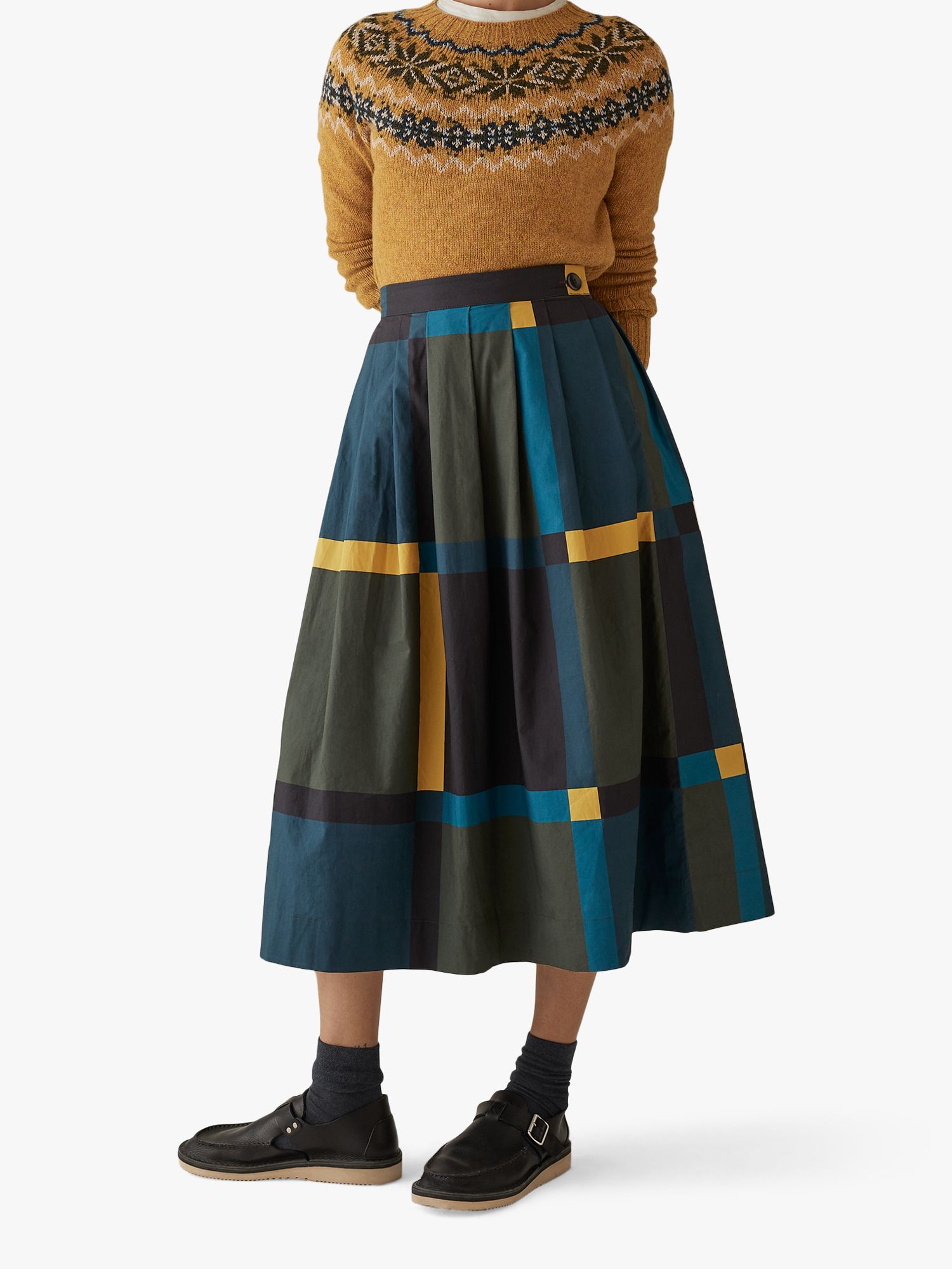 Toast Large Check Cotton Skirt, Olive