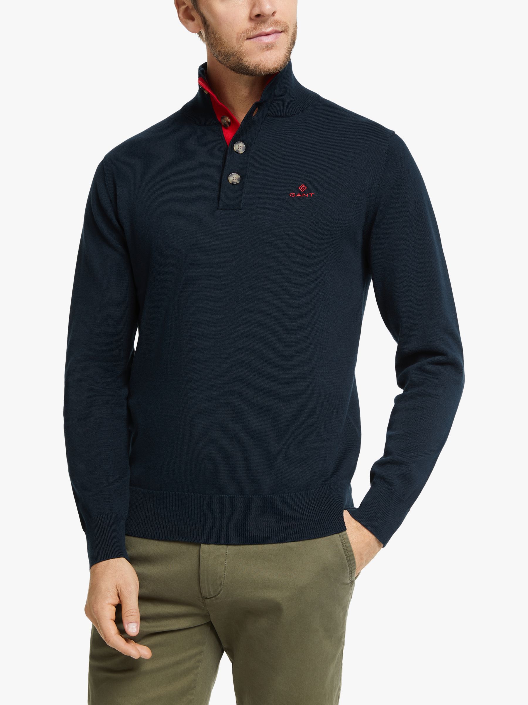 Download GANT Cotton Mock Button Neck Sweater, Navy at John Lewis ...