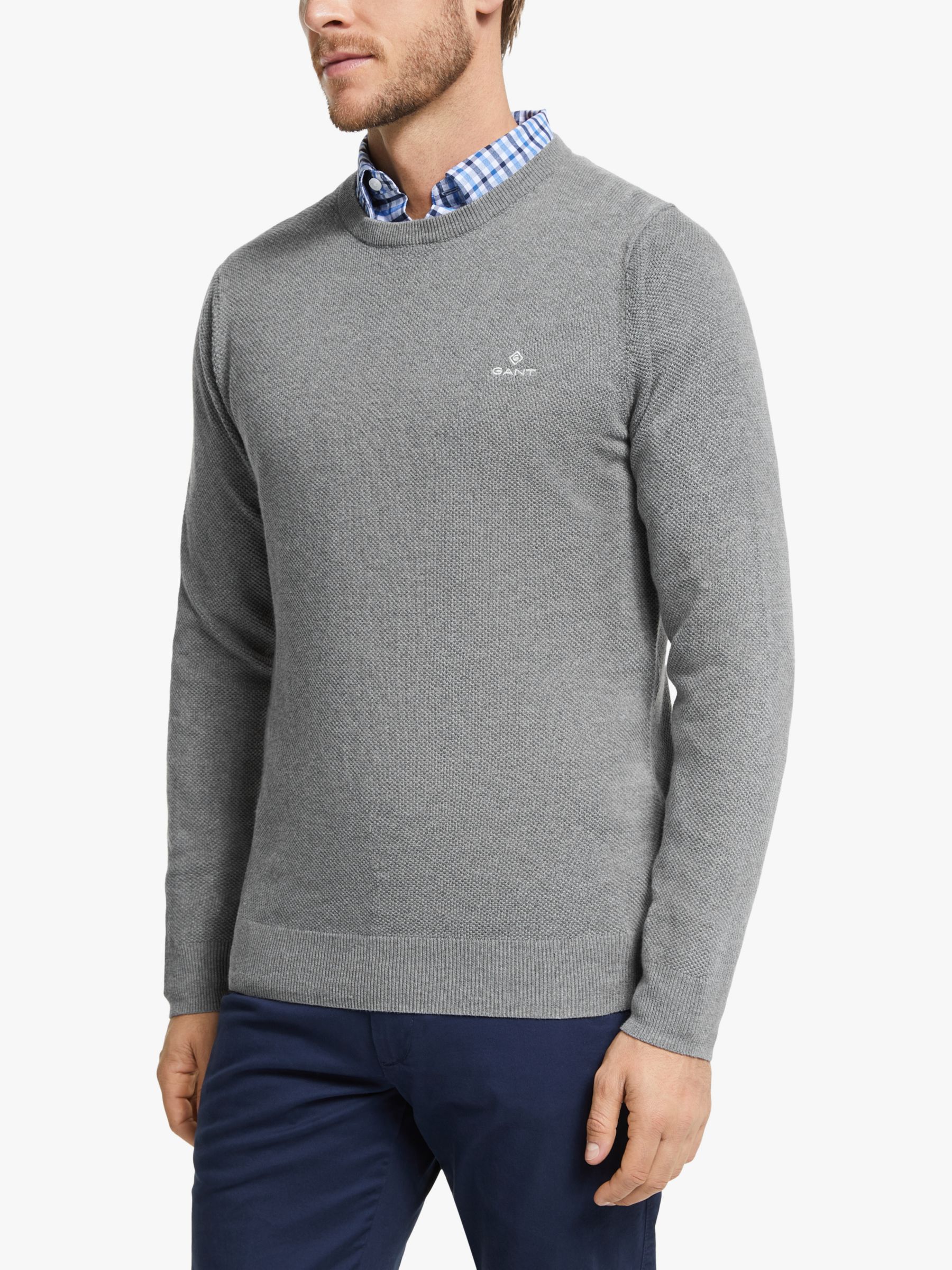 GANT Cotton Piqué Crew Neck Sweater, Grey at John Lewis & Partners