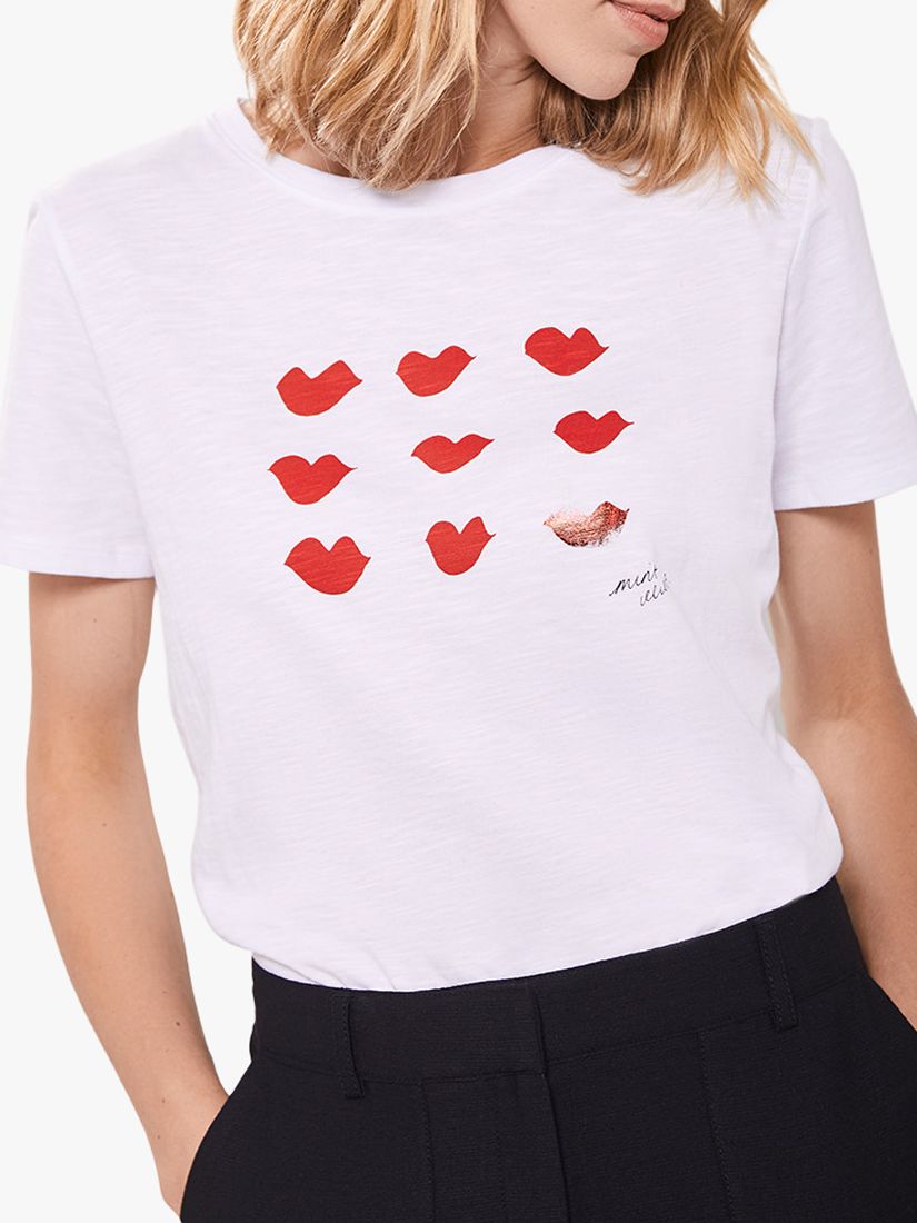 Mint Velvet Lips Print Cotton T-Shirt, White/Multi