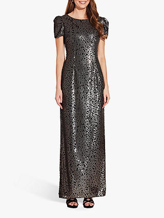 Adrianna Papell Long Sequin Dress with Pintuck Sleeves, Black/Gold
