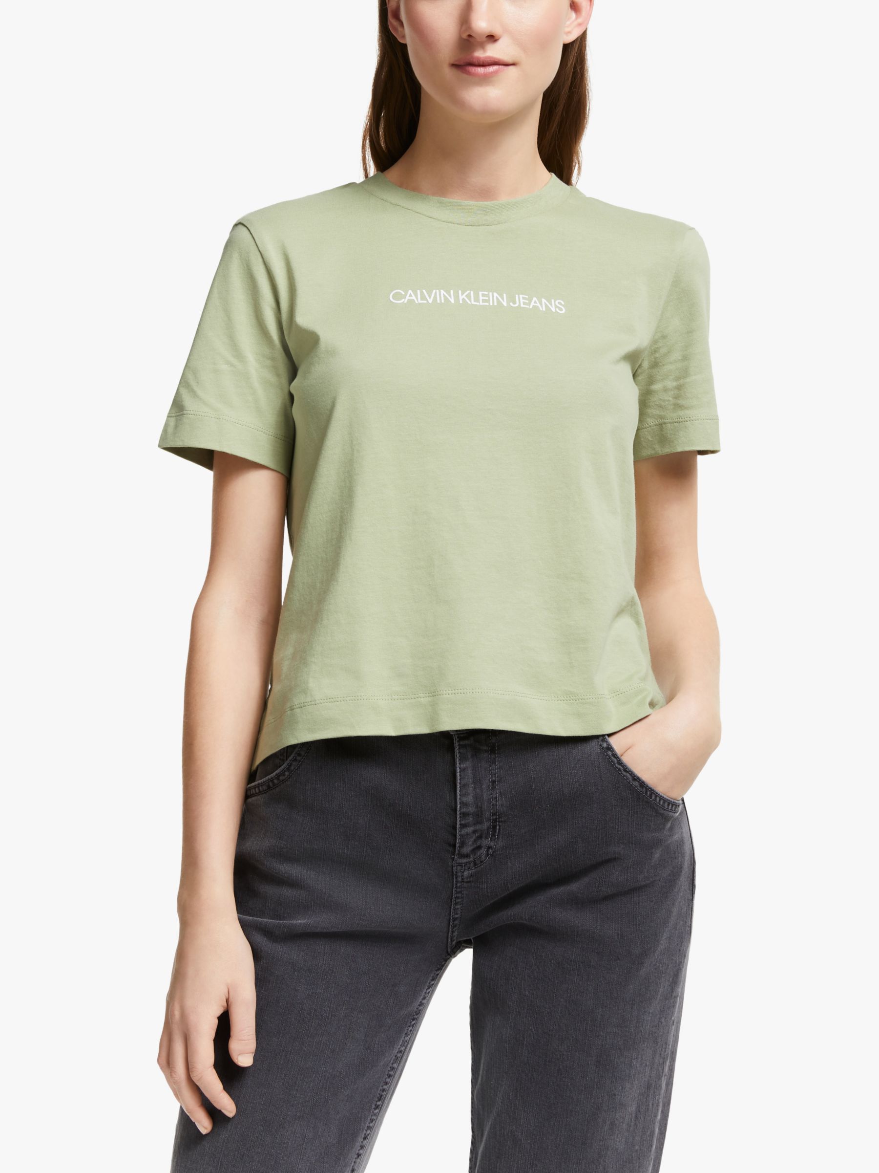 Calvin Klein Jeans Shrunken Institutional Cropped Logo T-Shirt, Earth Sage