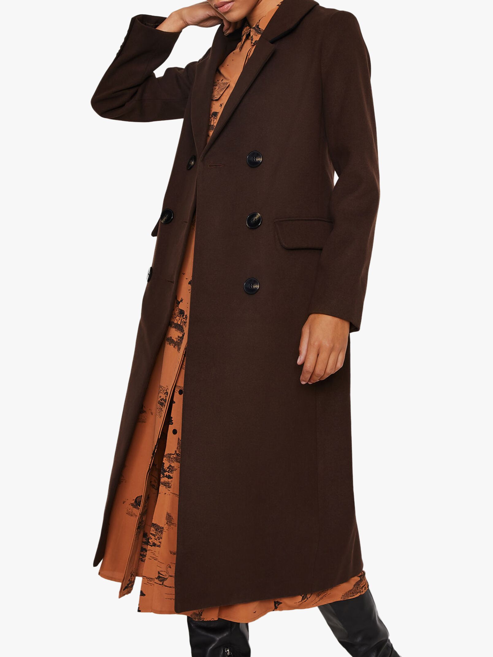 Warehouse Long Double Breasted Coat, Chocolate