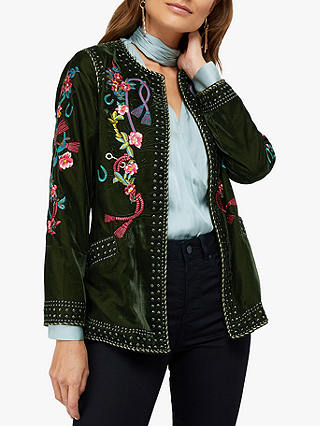 Monsoon Callie Floral Embroidered Velvet Stud Jacket, Olive