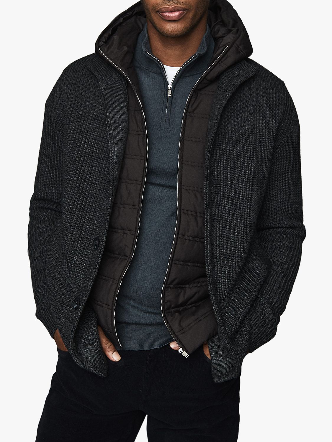 Reiss Carlos Ribbed Cardigan with Hoodie Insert, Charcoal