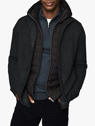 Reiss Carlos Ribbed Cardigan with Hoodie Insert, Charcoal