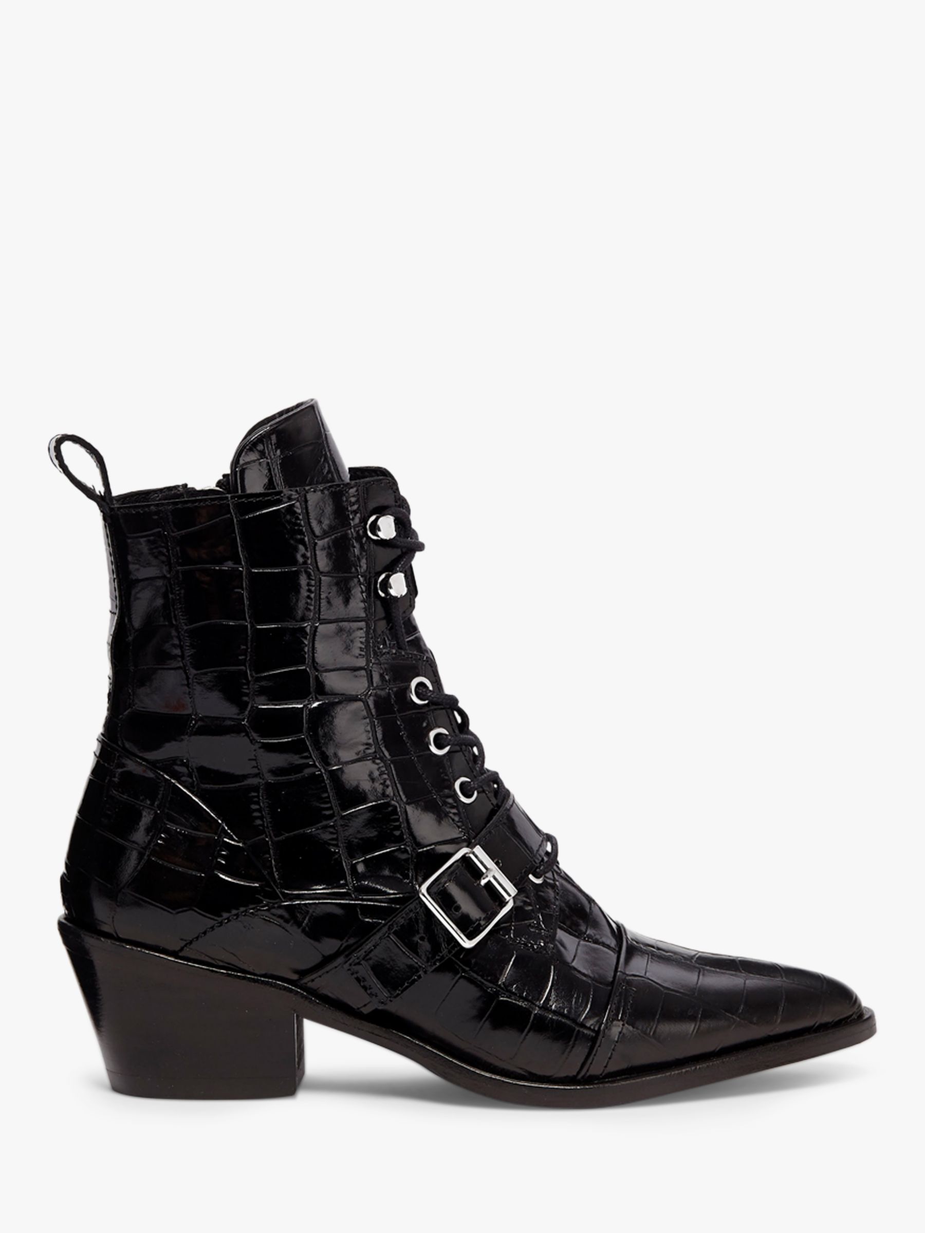 AllSaints Katy Crocodile Leather Pointed Ankle Boots, Black at John ...