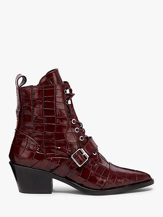 AllSaints Katy Crocodile Leather Pointed Ankle Boots, Red