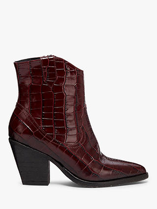 AllSaints Rolene Croc Leather Western Cowboy Boots, Red