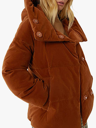 Warehouse Velvet Hooded Puffer Jacket, Tan