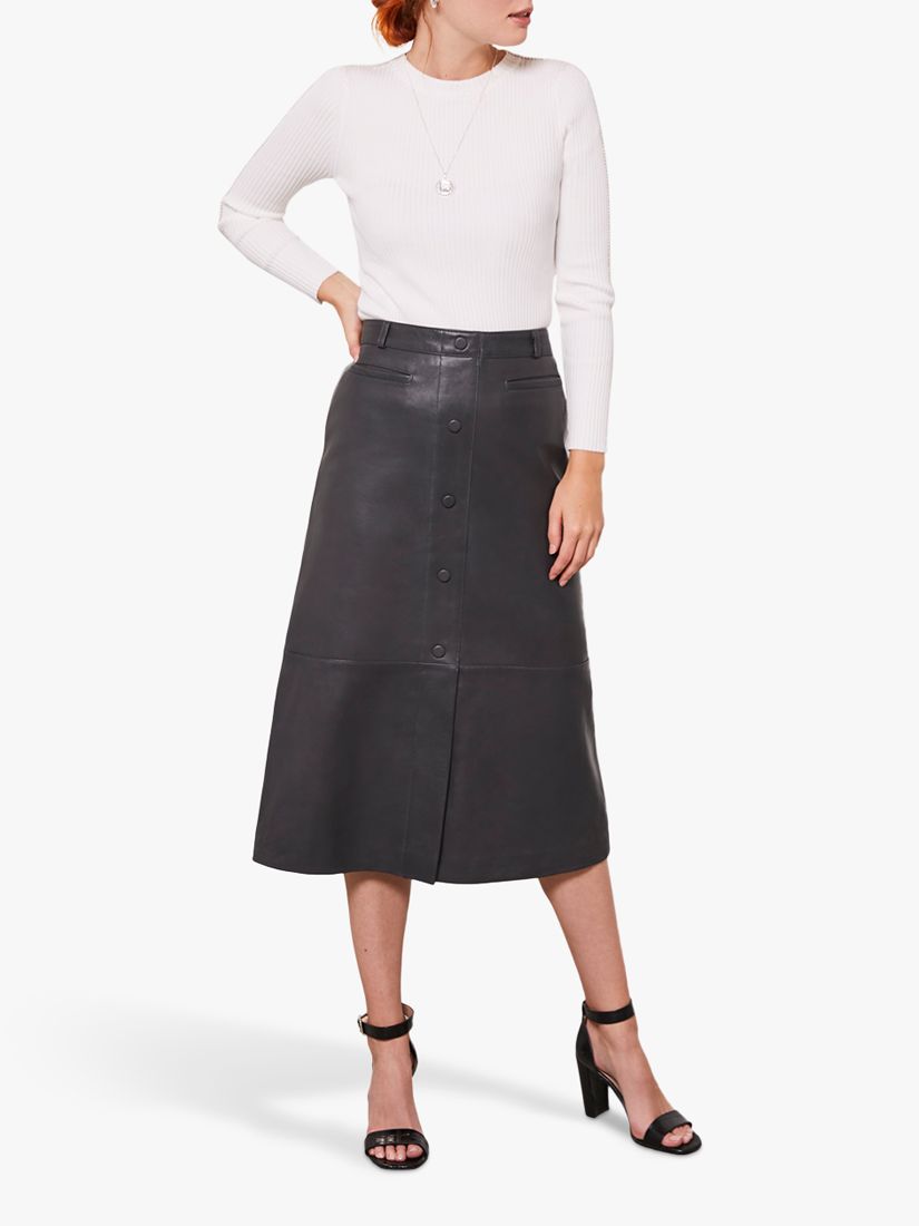 Mint Velvet Button Down Leather Midi Skirt, Dark Grey