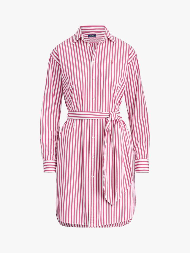 Polo Ralph Lauren Stripe Long Sleeve Shirt Dress, Pink/White, 10