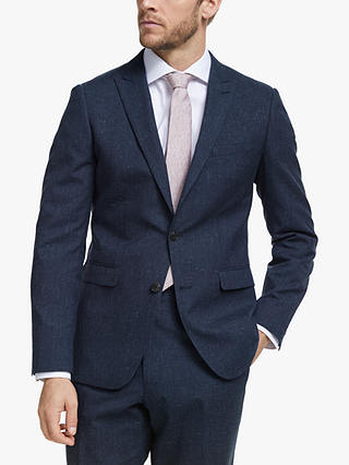 John Lewis & Partners Wool Silk Linen Slub Check Slim Fit Suit Jacket, Navy