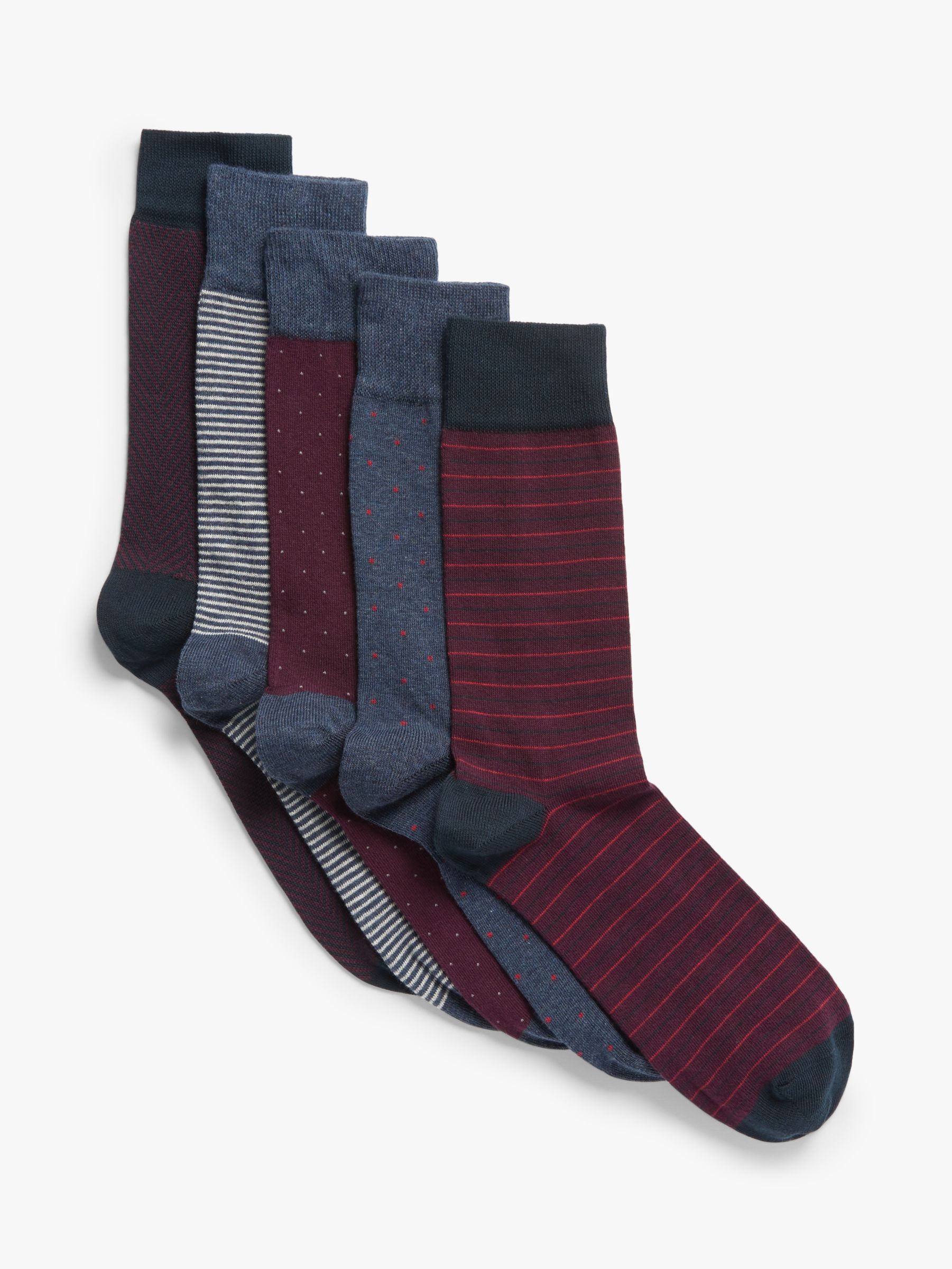 John Lewis Stripe Spot Organic Cotton Rich Men's Socks, Pack of 5, Burgundy, S