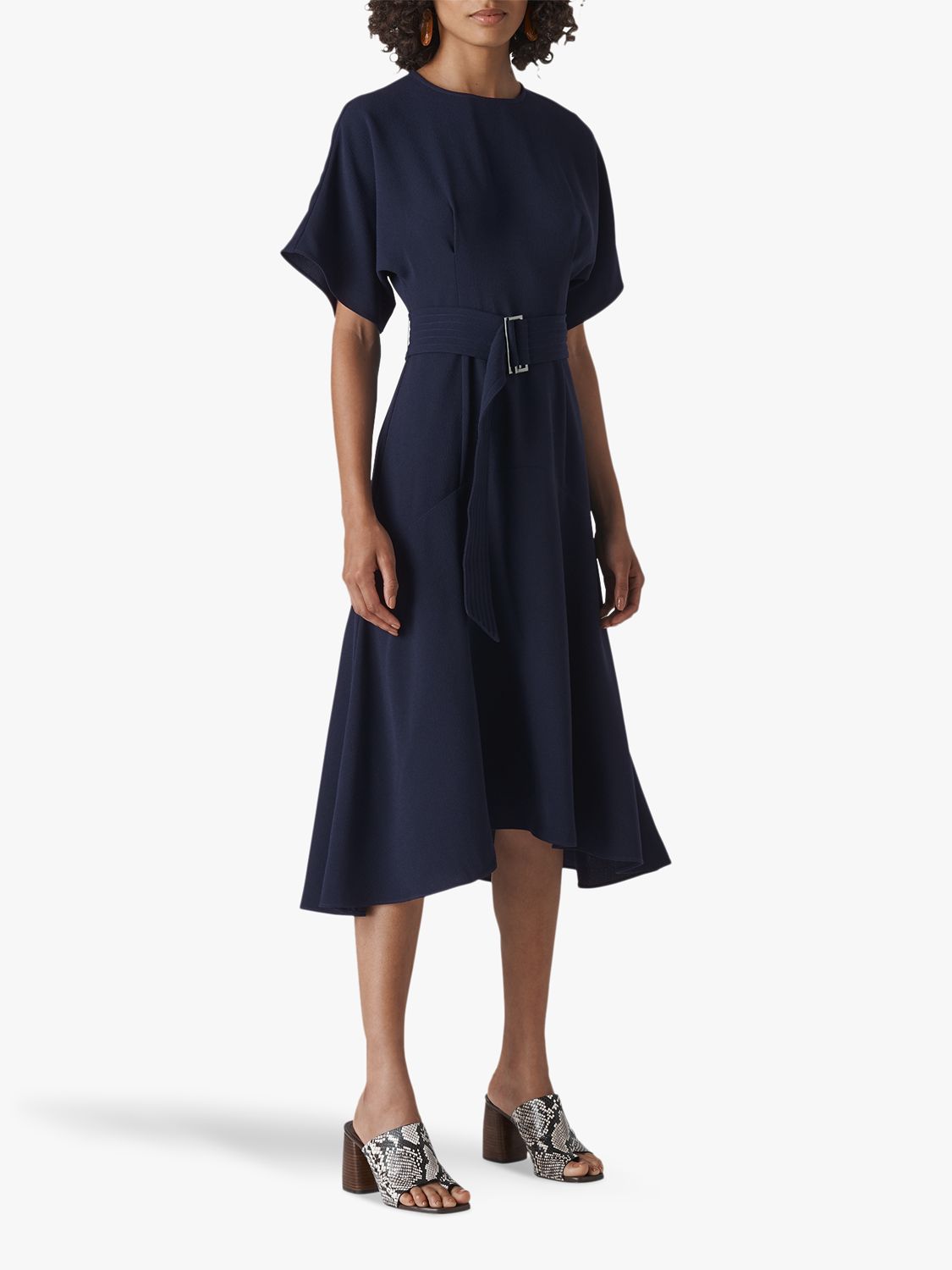 Whistles Belted Flared Midi Dress, Navy at John Lewis & Partners