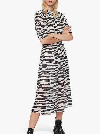 AllSaints Xena Long Zephyr Zebra Print Dress, Ecru White/Black