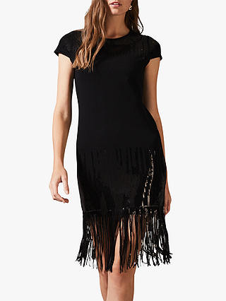 Phase Eight Ferne Sequin Embroidery Long Fringe Dress, Black