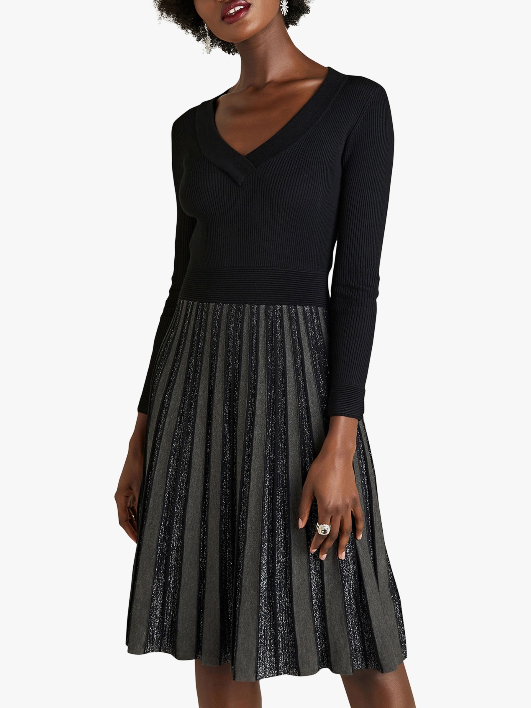 Yumi Glitter Pleated Knit Dress, Black