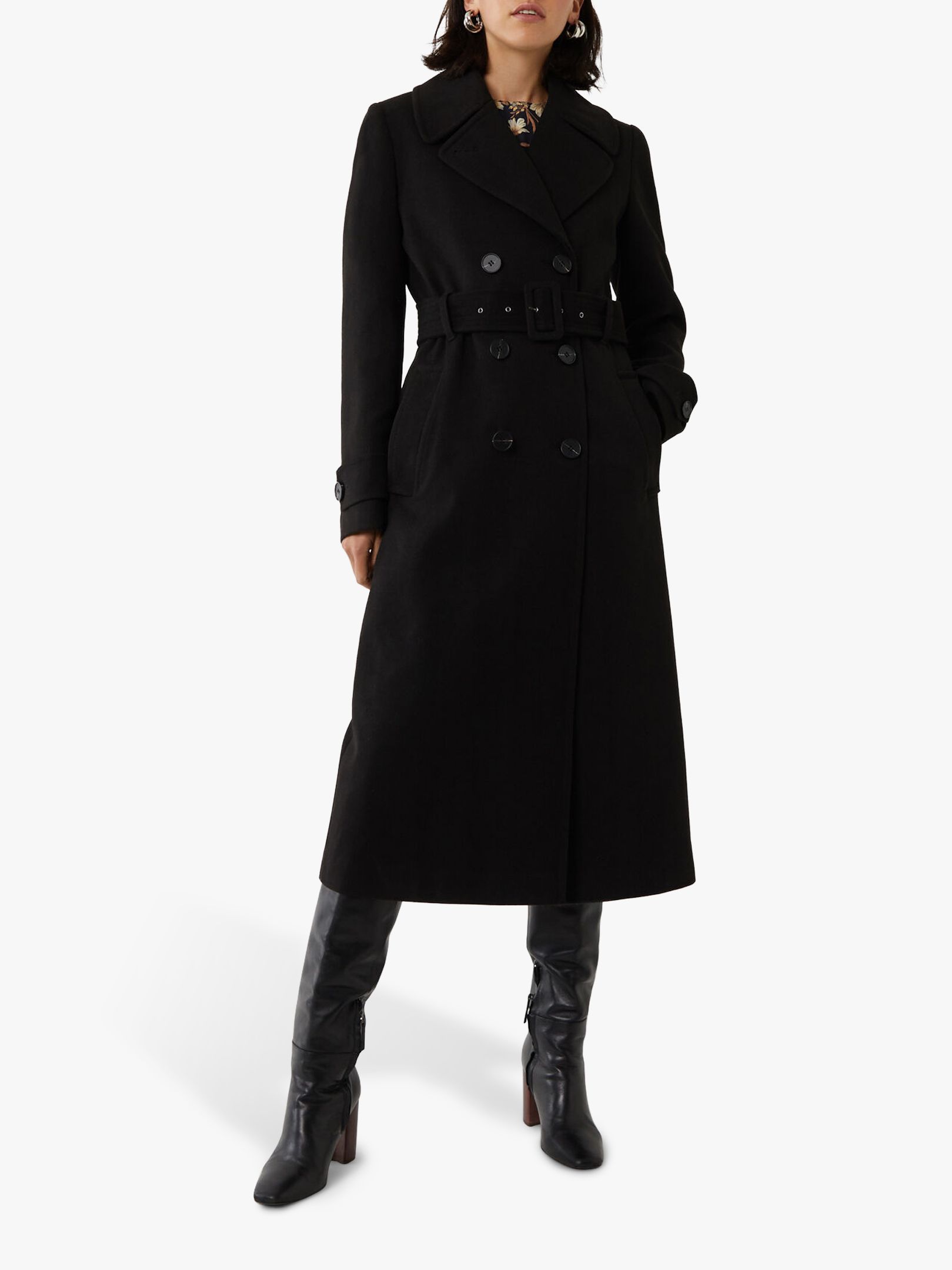 Warehouse Full Length Belted Coat, Black at John Lewis & Partners