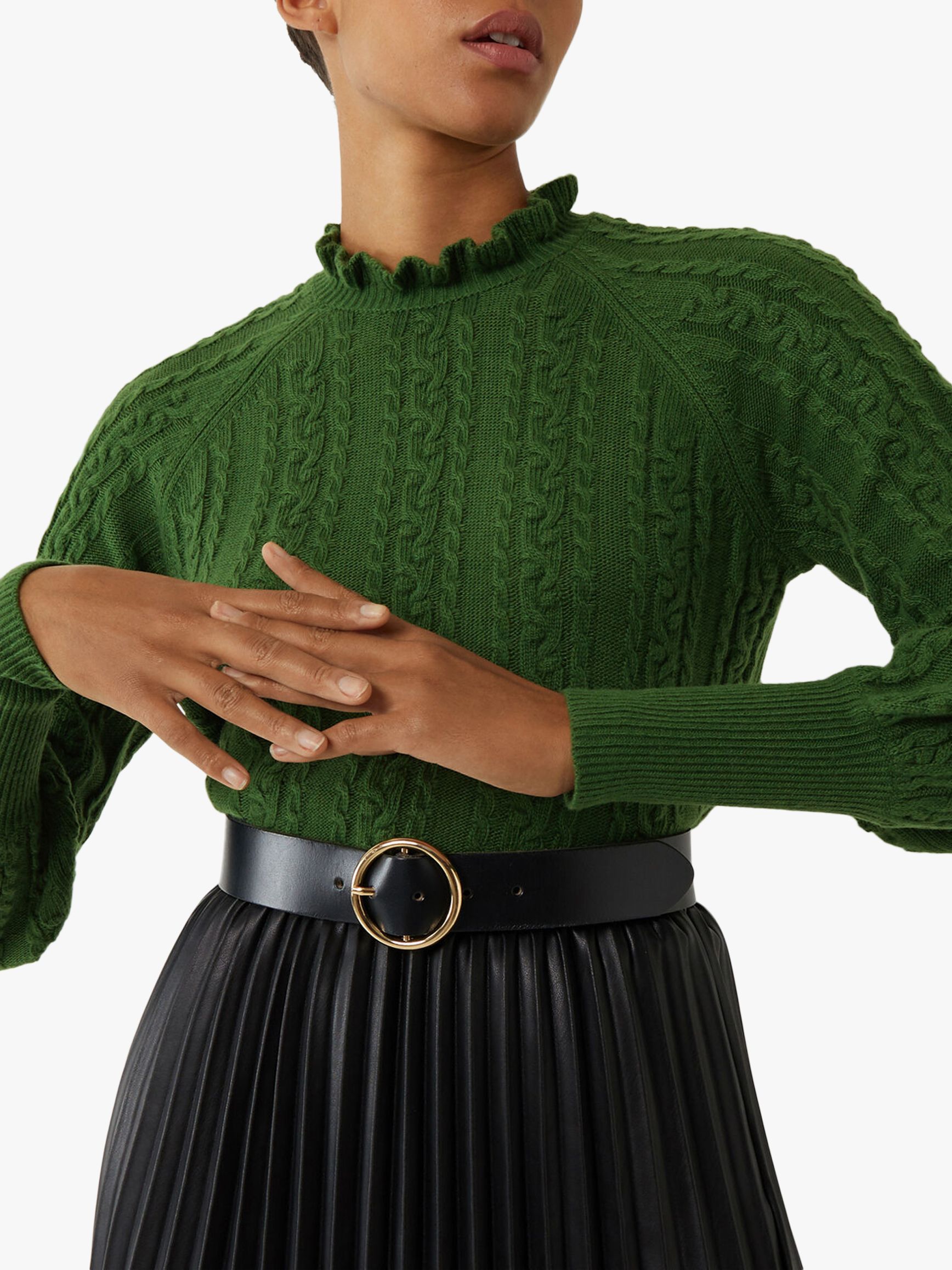 Warehouse Cable Knit Ruffle Neck Jumper, Bright Green