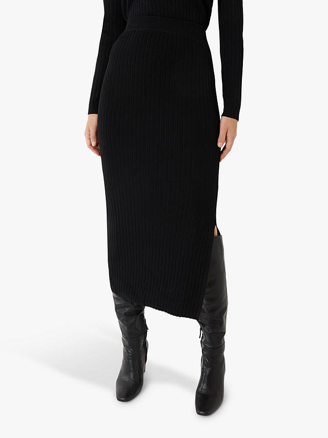 Warehouse Ribbed Knit Midi Skirt, Black at John Lewis & Partners