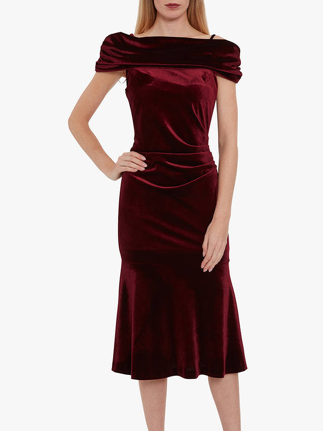 Gina Bacconi Maelle Off Shoulder Velvet Midi Dress, Wine