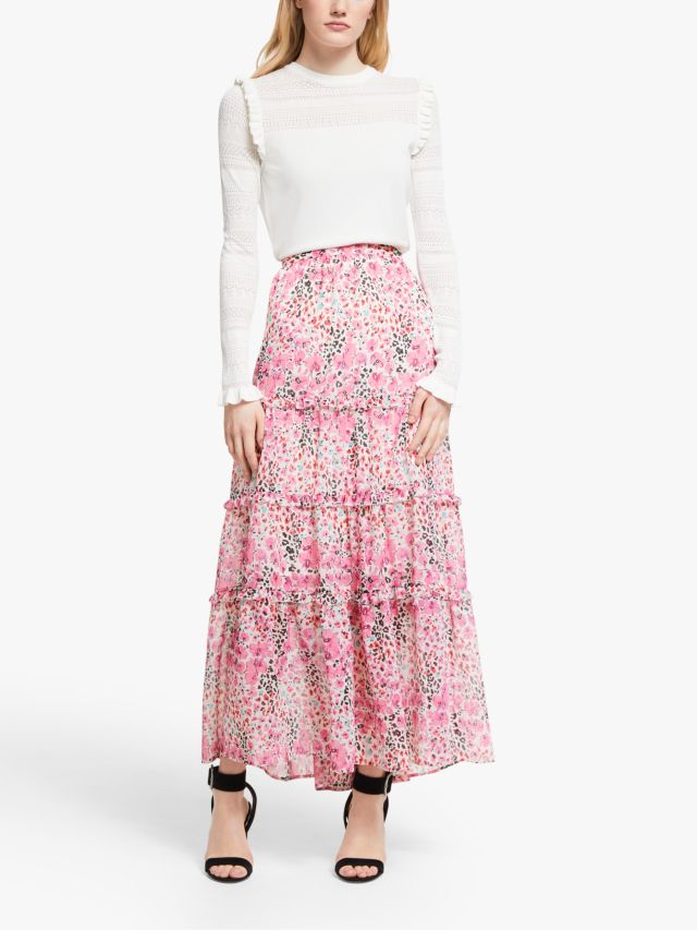 Somerset by Alice Temperley Orchid Animal Print Tiered Midi Skirt, Pink/Multi, 10