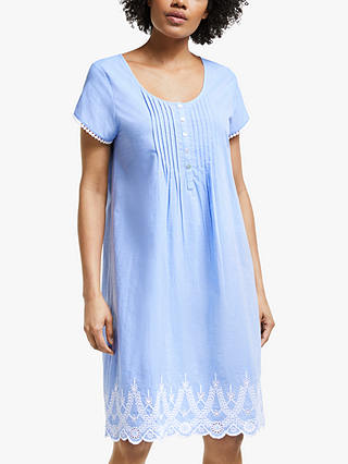 John Lewis & Partners Evelyn Embroidered Chambray Nightdress, Blue