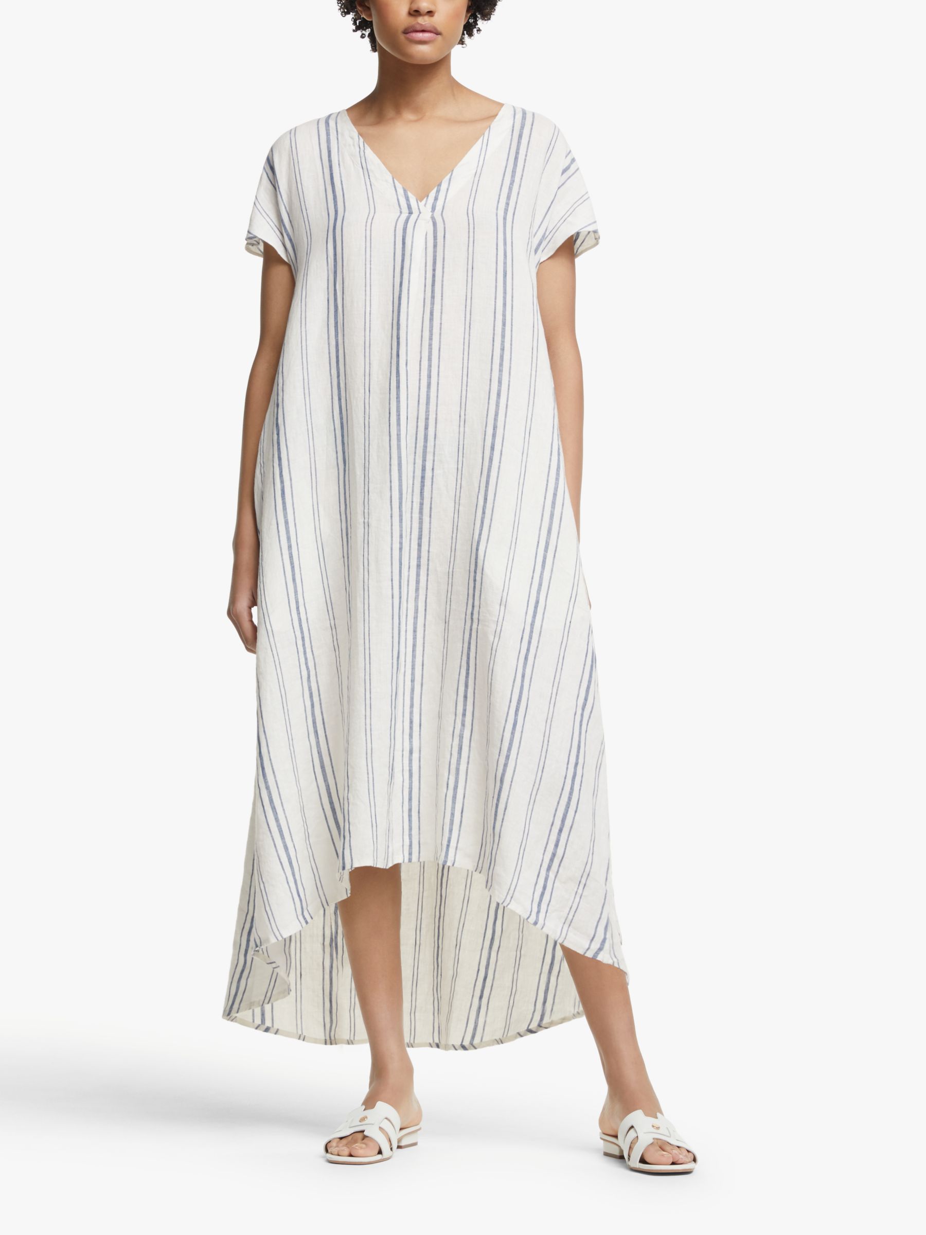 John Lewis & Partners Linen Elliptical Hem Stripe Dress, White/Navy at ...