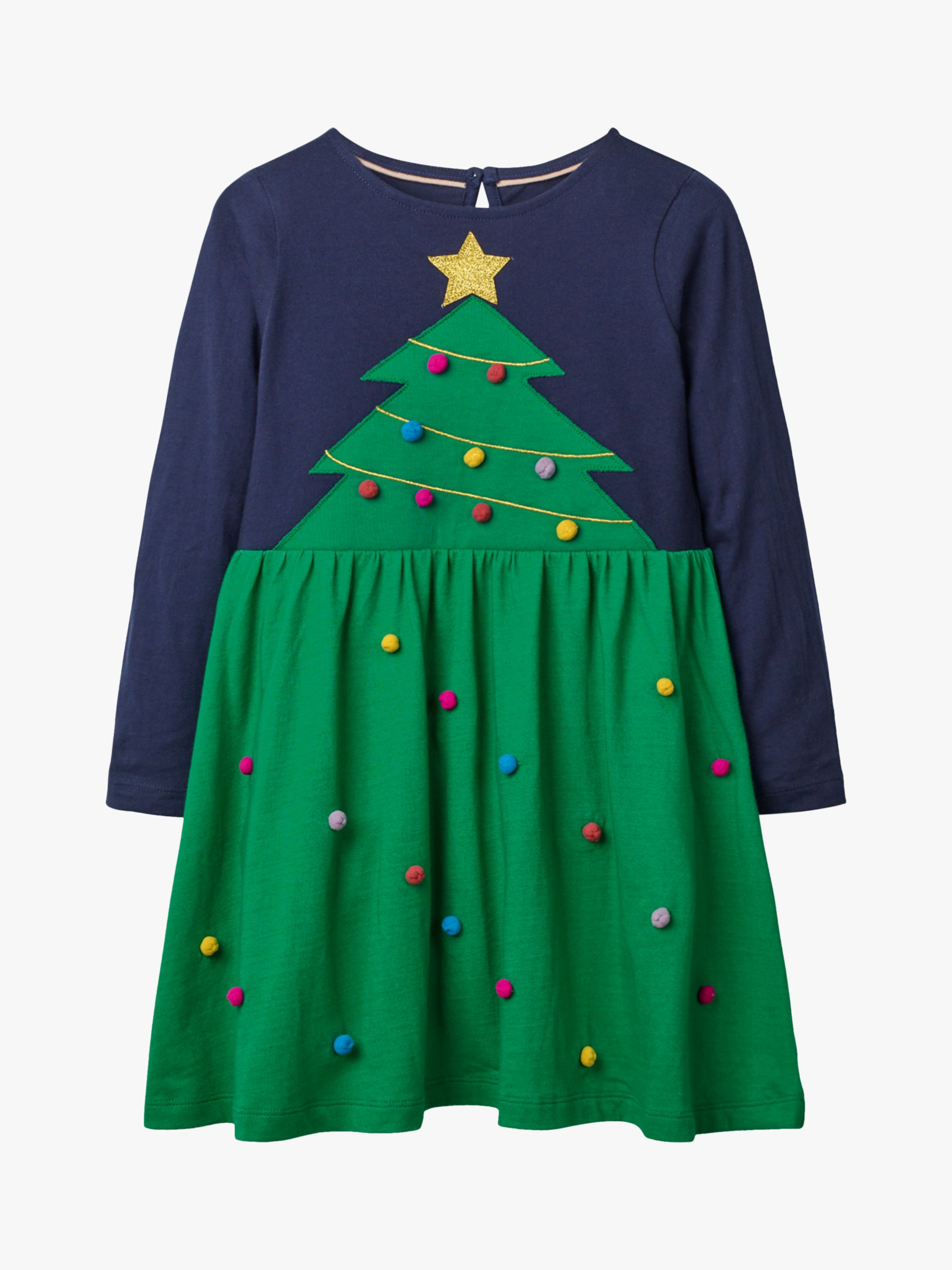 Mini Boden Girls Festive Big Applique Christmas Tree Dress Green Navy At John Lewis Partners