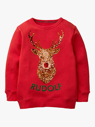 Mini Boden Boys' Festive Sequin Rudolph Sweatshirt, Poppadew Red