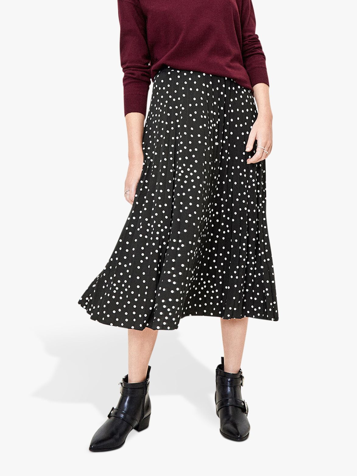 Oasis Polka Dot Pleated Midi Skirt, Black/White