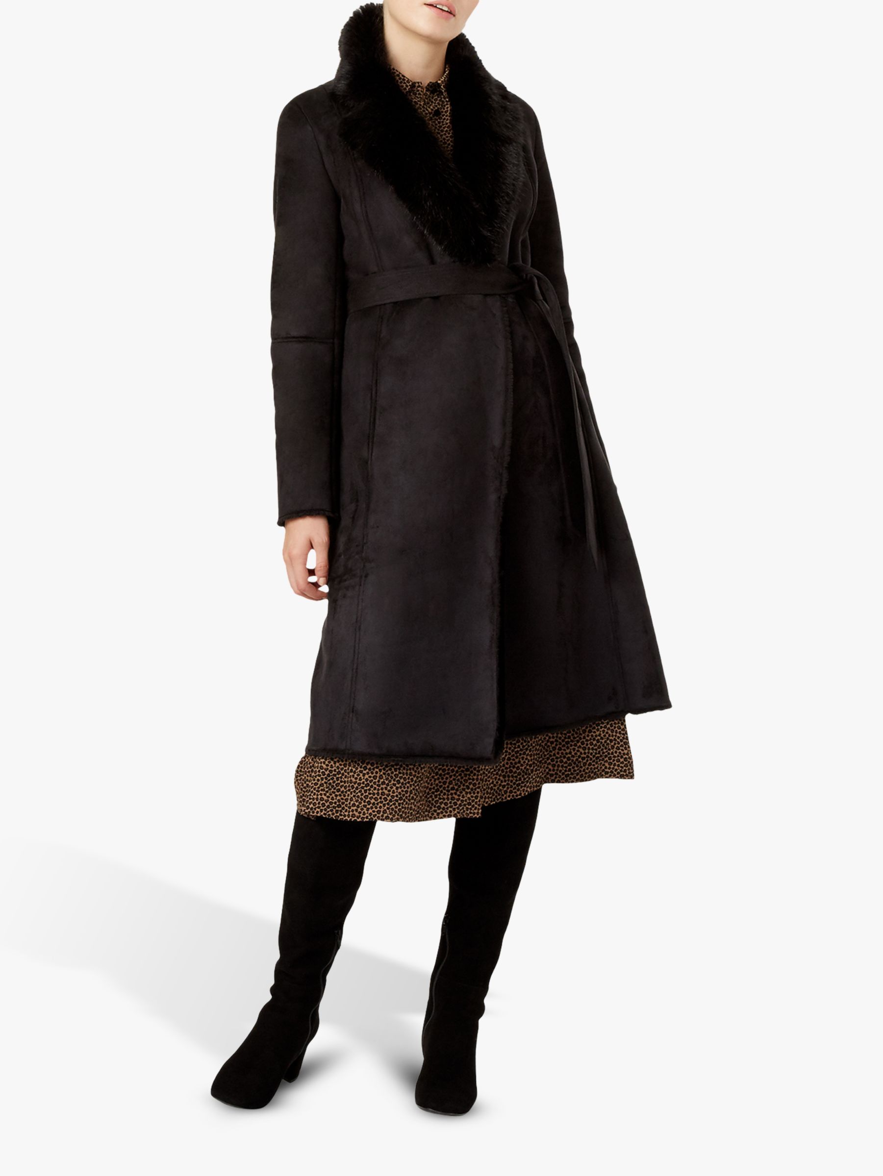 Hobbs Viola Faux Fur Trim Coat, Black