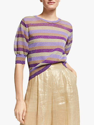 Marella Melle Stripe Metallic Short Sleeve Jumper, Lilac