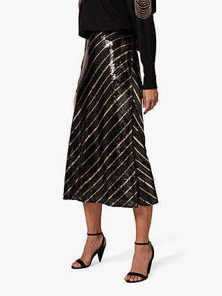 Phase Eight Giana Sequin Stripe Midi Skirt, Black/Bronze