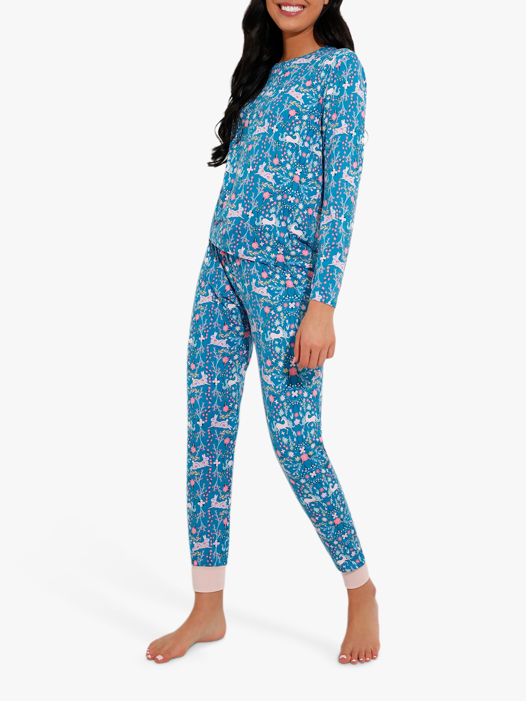 Chelsea Unicorn And Rabbit Print Pyjama Set, Blue/Multi