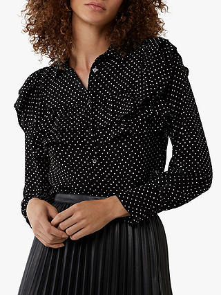 Warehouse Pinspot Ruffle Long Sleeve Shirt, Black Pattern