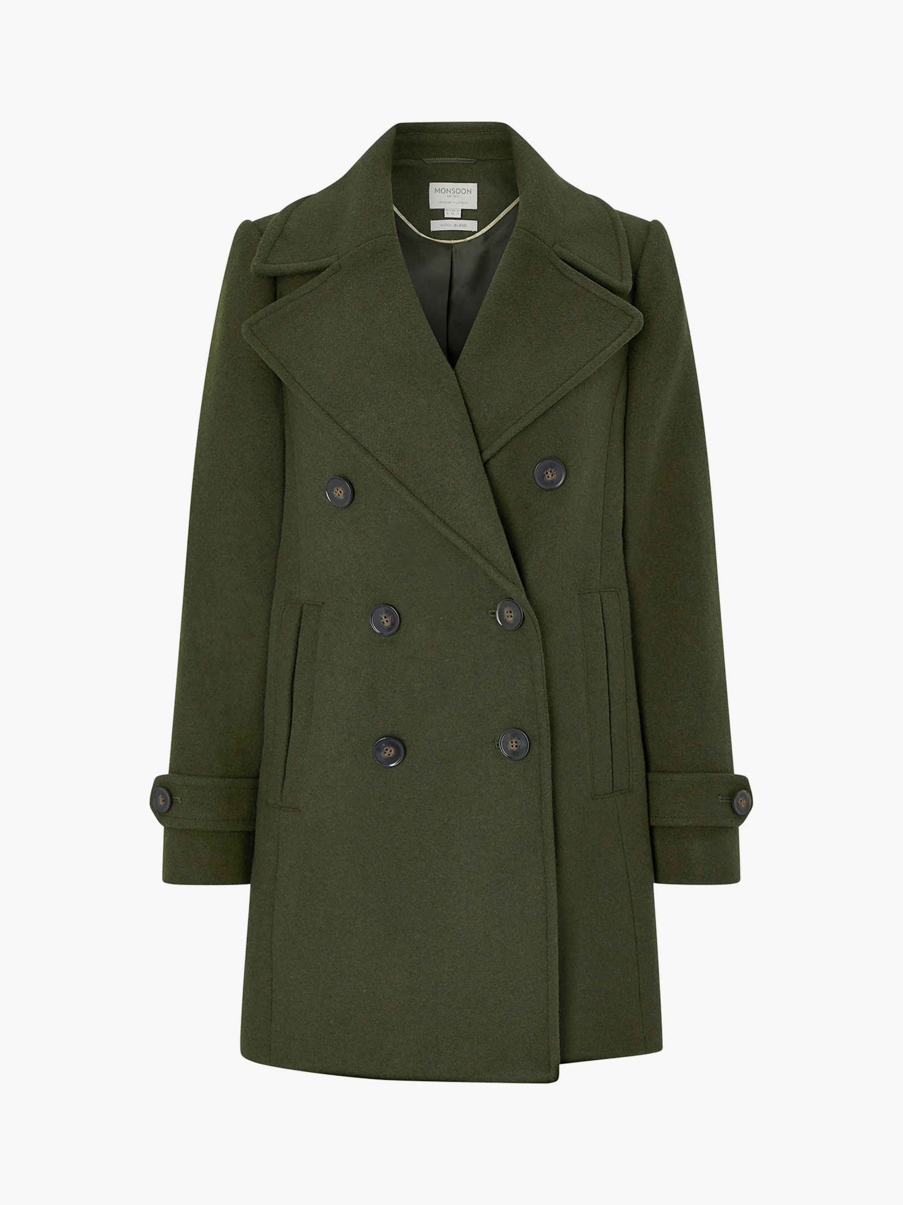 Monsoon Ashley Double Breasted Pea Coat, Dark Green at John Lewis ...