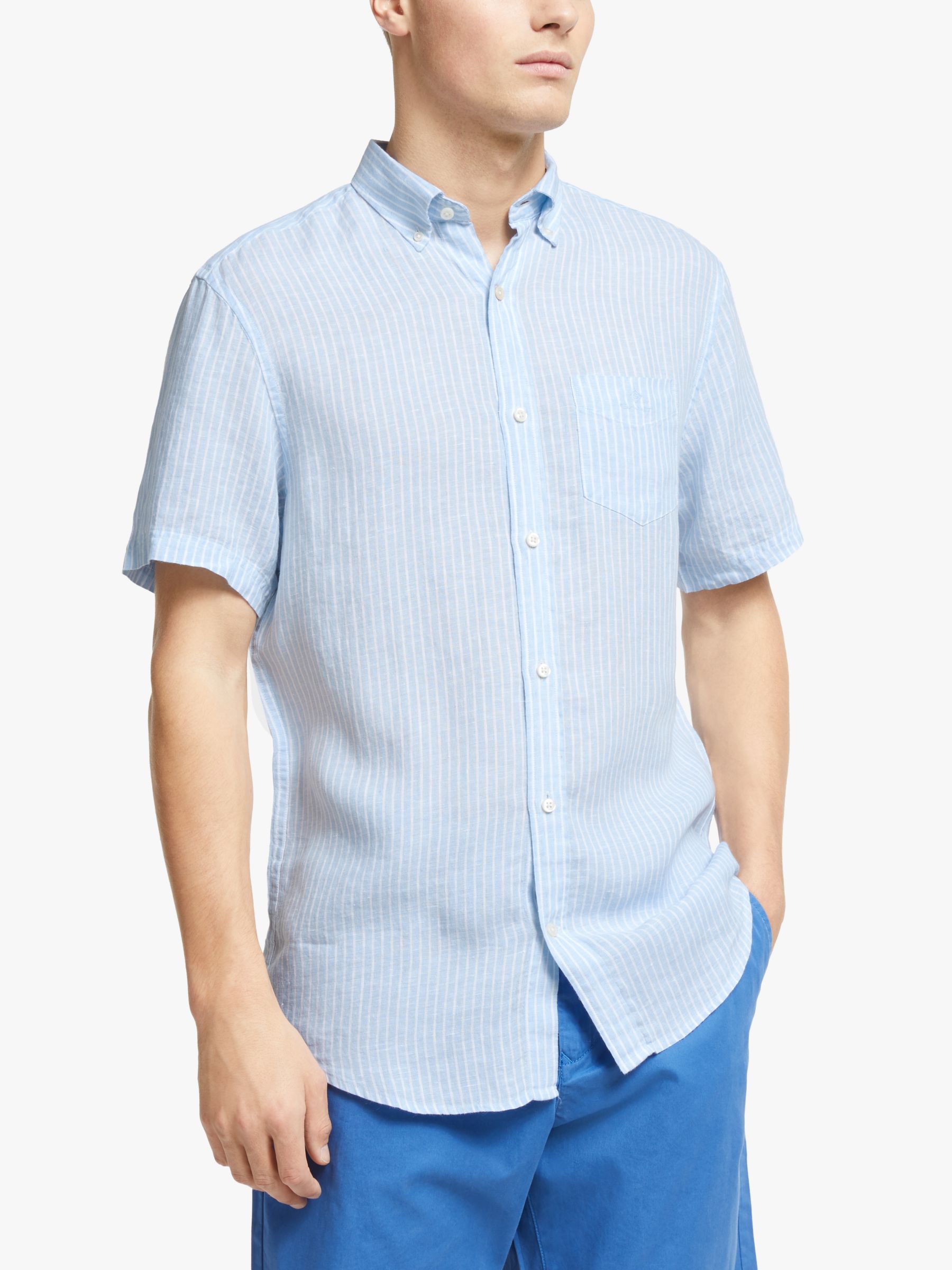 GANT Stripe Short Sleeve Linen Shirt, Pale Blue