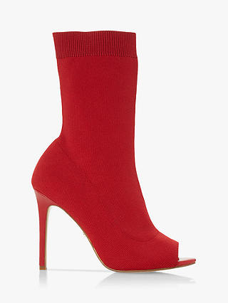 Dune Oblivion Peep Toe Stiletto Heel Sock Boots, Red
