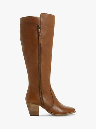 Dune Tiana Western Block Heel Knee High Leather Boots, Tan