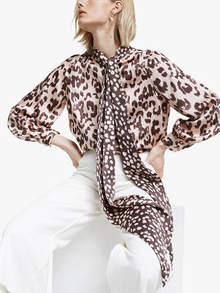 Mother of Pearl Tencel™ Leopard Print Tie Neck Blouse, Pink/Multi