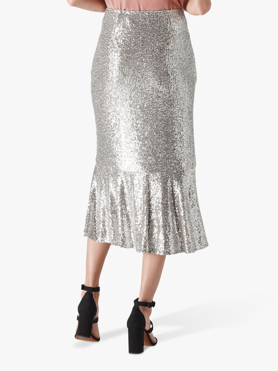 Whistles Suki Sequin Midi Skirt, Silver at John Lewis & Partners