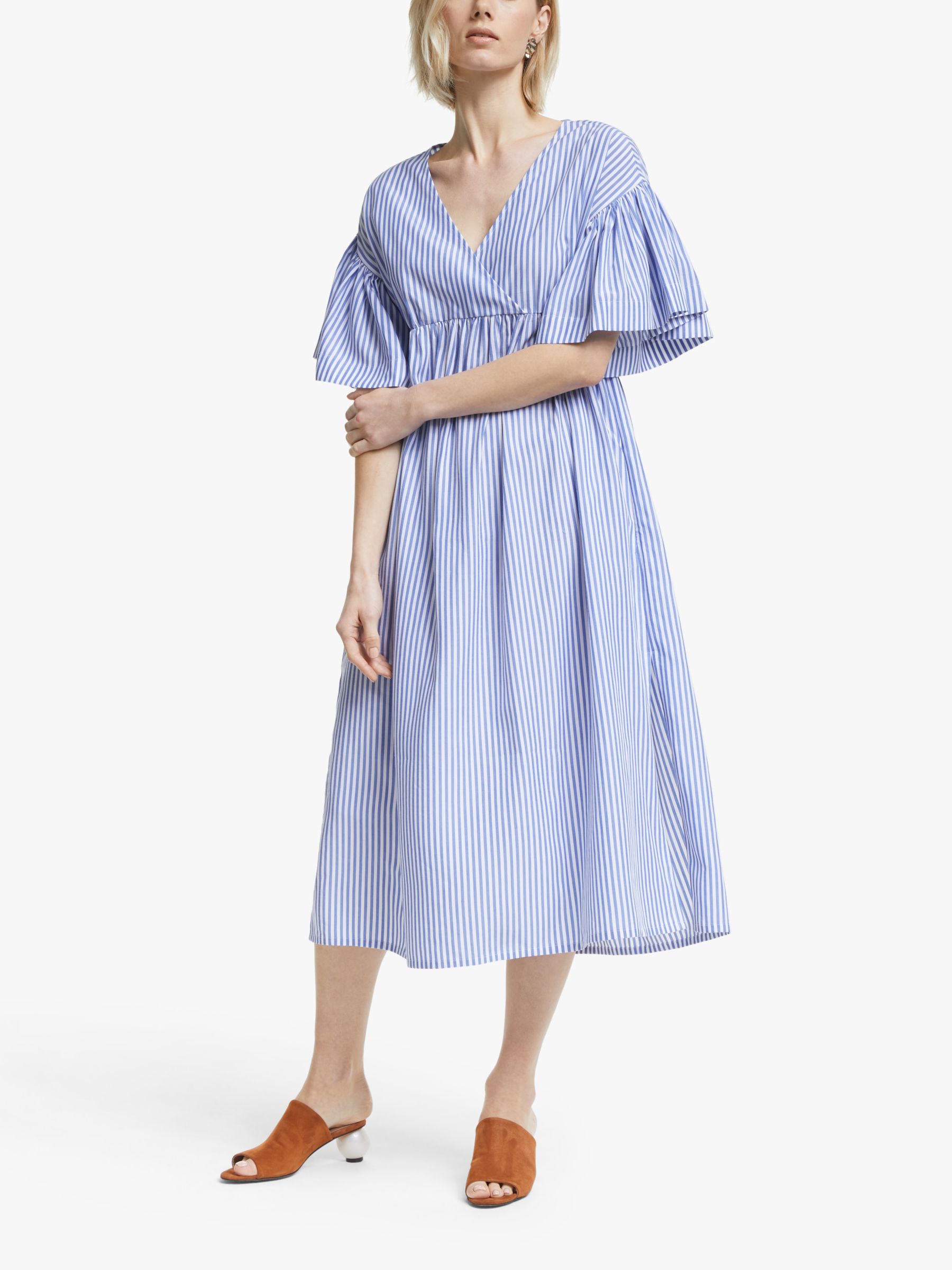 Mother of Pearl Tencel™ V-Neck Stripe Dress, Blue/Ivory